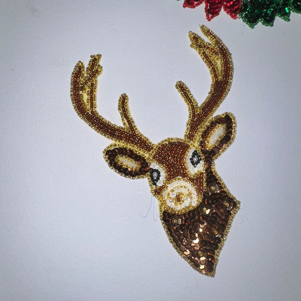 Christmas Sequin Beaded Applique Set Reindeer Wreath Poinsettia Red Green Gold